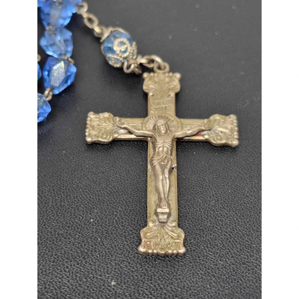 Vintage Rosary Blue Crystal Beads Sterling Silver Crucifix Centerpiece